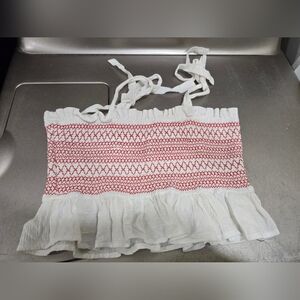 After Market White and Red Smocked Crop Top, 13" X 9", Tie Straps